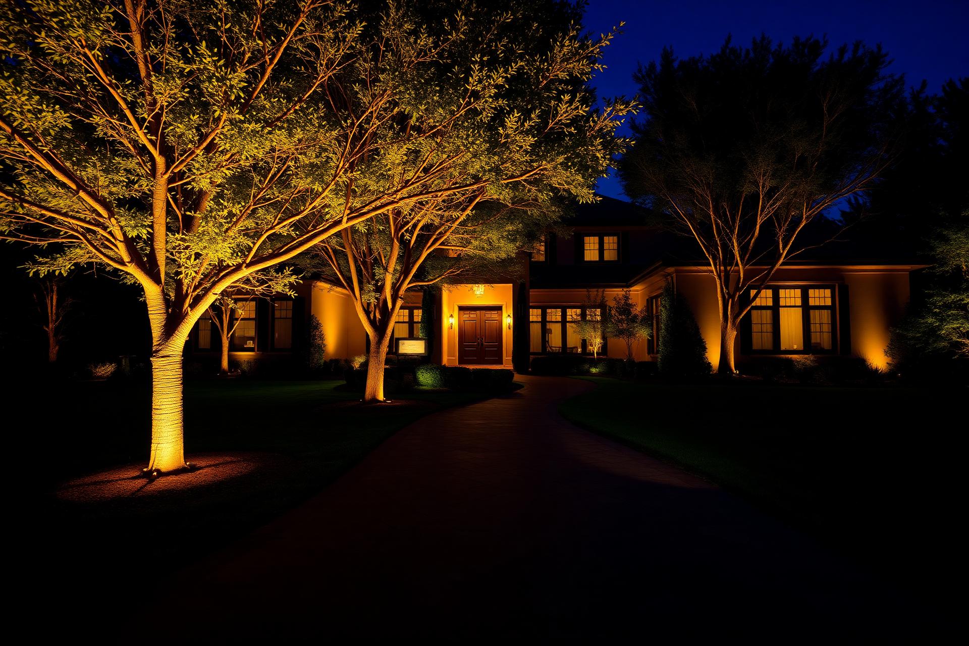 Luxury home illuminated by landscape lighting at twilight
